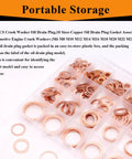 Copper Oil Drain Plug Crush Washer Set 360 Pcs 18 Sizes M6 To M24 visible in labeled plastic organizer box.