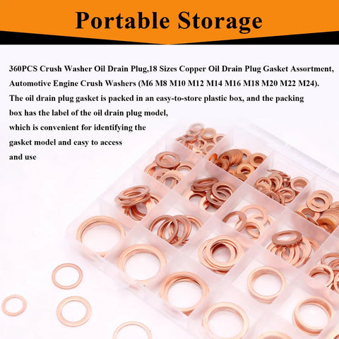 Copper Oil Drain Plug Crush Washer Set 360 Pcs 18 Sizes M6 To M24 visible in labeled plastic organizer box.