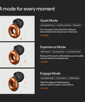 Adjustable Ear Plugs With Three Noise Reduction Modes Quiet Engage Experience For Focus Travel Festivals And Socializing 20 To 26 dB Noise Reduction All Day Comfort And Travel Ready Convenience showing Quiet, Experience, and Engage modes.