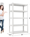 Heavy Duty White Garage Shelving Unit With 5 Adjustable Tiers Up To 2000 Lbs Capacity Versatile Storage Shelves For Pantry Kitchen Closet Basement Or Warehouse 16.5 In D By 32 In W By 63 In H, with model for scale