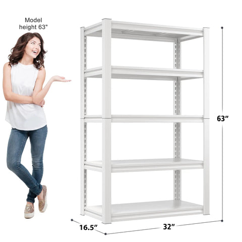Heavy Duty White Garage Shelving Unit With 5 Adjustable Tiers Up To 2000 Lbs Capacity Versatile Storage Shelves For Pantry Kitchen Closet Basement Or Warehouse 16.5 In D By 32 In W By 63 In H, with model for scale