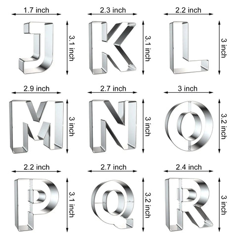 Alphabet Letter Cookie Cutter Set 26 Pcs Large 3 Inch Stainless Steel Bakeware displaying letters J to R with measurements