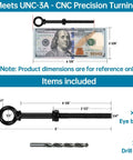 Five Pack Eye Bolts With Nuts And Washers, Drill Bit Included, Heavy Duty Eyebolts With Black Finish In Marine Grade T316 Stainless Steel, Threaded Shoulder Lifting Rings, UNC 3A, Five Inch Overall Length, shown with dimensions and drill bit