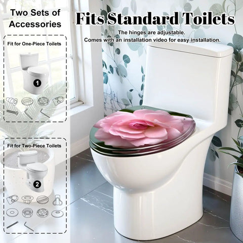 Elongated Toilet Seat for Bathroom with floral design on lid, fitting standard toilets with adjustable hinges.