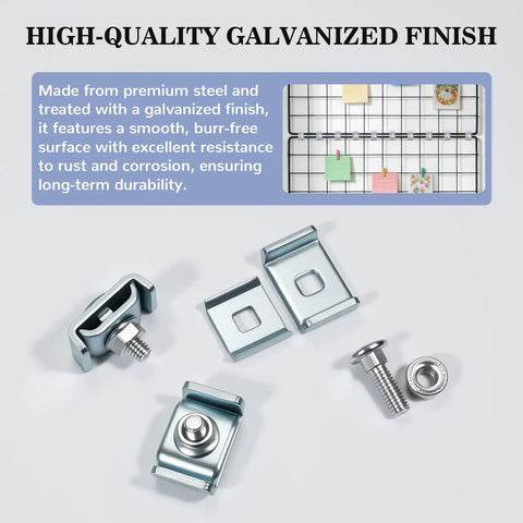 64 Pack Grid Panel Connector Kit For 4mm To 6mm Wire Shelving And Mesh Cable Trays shown with high-quality galvanized finish