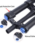 Close-up of Beefy Downhill Mountain Bike Front Fork With Air Suspension Inverted Thru Axle Boost 15x110mm showing manual valve.
