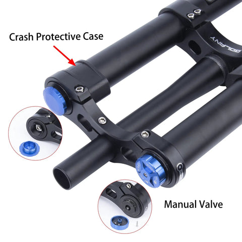 Close-up of Beefy Downhill Mountain Bike Front Fork With Air Suspension Inverted Thru Axle Boost 15x110mm showing manual valve.
