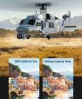 Military Style RC Helicopter With 8K Camera And Built In Screen Remote flying over landscape, optical flow comparison inset