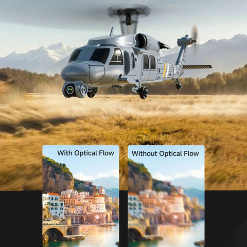Military Style RC Helicopter With 8K Camera And Built In Screen Remote flying over landscape, optical flow comparison inset