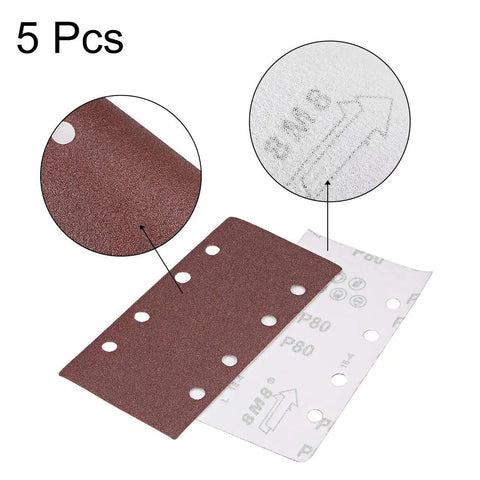 Boss Level 80 Grit Sanding Sheets Hook And Loop Pads For One Third Sheet Sanders Eight Hole Aluminum Oxide Paper Quick Swap Grip, five pack.
