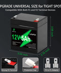 12V 5Ah Rechargeable LiFePO4 Battery Replacement For Garage Door Openers And Home Security Systems, shown with dimensions and terminal features