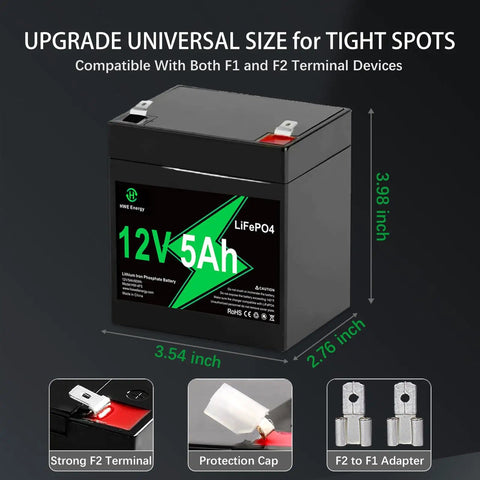 12V 5Ah Rechargeable LiFePO4 Battery Replacement For Garage Door Openers And Home Security Systems, shown with dimensions and terminal features