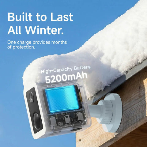 Piece Of Cake Setup Brings You Crisp 2K Wireless Security Coverage With Quick Stick Magnetic Mount, Wifi 6 Dual Band, Full Color Night Vision, IP66 Weatherproof Build, Straight Shooter Two Way Audio, Snappy Motion Alerts, And Long Haul Battery showcasing the battery and mounted camera in snow.