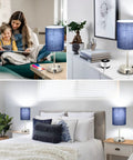 Blue Touch Control Desk Lamp With 3 Way Dimmable Brightness USB Ports And AC Outlet Bedside Nightstand Lamp in bedroom and living room settings