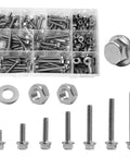 Stainless Steel 304 1/4-20 Flange Hex Bolts Kit With Nuts And Flat Washers, Fully Threaded Bolts In 1/2, 3/4, 1, 1-1/4, 1-1/2, 1-3/4, And 2 Inch Lengths, Great For Auto, Outdoor, And DIY Projects. kit with assorted bolts, nuts, and washers