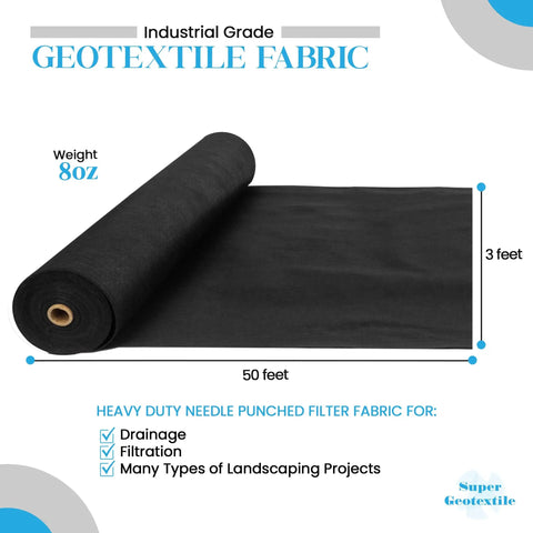 8 Ounce Heavy Duty Geotextile Fabric For Landscaping And Erosion Control Non Woven Underlayment Roll, 3x50 ft, Industrial Grade