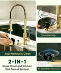 OWOFAN Pull Down Kitchen Faucet with Cup Washer Brushed Gold showing 360° rotatable design and integrated glass rinser.