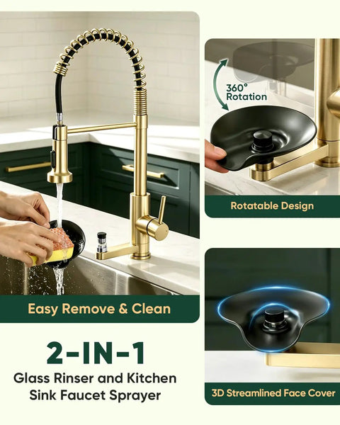 OWOFAN Pull Down Kitchen Faucet with Cup Washer Brushed Gold showing 360° rotatable design and integrated glass rinser.