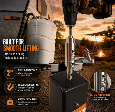 Heavy Duty Trailer Jack Drill Adapter With One Inch Shaft And Half Inch Socket For Standard Drills locks on a trailer jack.
