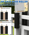 Six Inch Sliding Gate Roller With Adjustable L Bracket shown in installed position on a metal fence with bracket mount options.