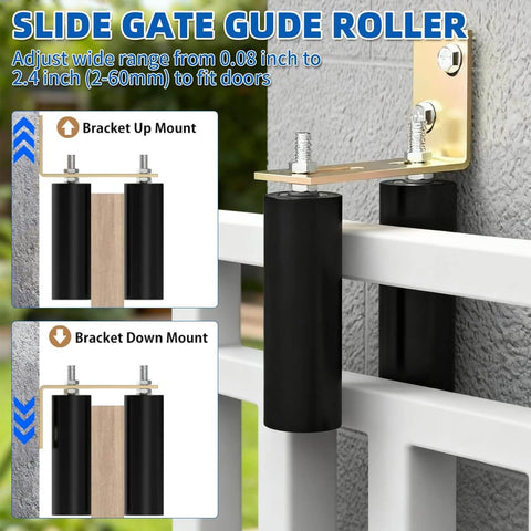 Six Inch Sliding Gate Roller With Adjustable L Bracket shown in installed position on a metal fence with bracket mount options.
