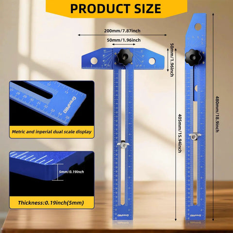 Badass Quick Slide Aluminum T Square Measuring Tool With Built In Protractor Dial For Swift Woodworking Framing And Tight Carpentry Layout Work Essentials showing product dimensions and metric markings.