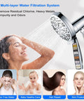 Magnetic Docking High Pressure Handheld Shower Head With Hard Water Filter, woman washing hair under rain style filtered spray.