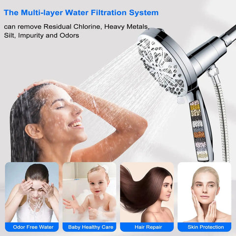 Magnetic Docking High Pressure Handheld Shower Head With Hard Water Filter, woman washing hair under rain style filtered spray.