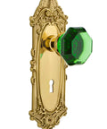 Victorian Plate With Keyhole Passage And Emerald Waldorf Crystal Door Knob In Unlaquered Brass For Two And Three Eighths Inch Backset Restoration Ready Door Hardware For Classic Hallways And Closets