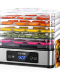 Heavy Duty Five Tray Food Dehydrator With Adjustable Temp Control And Auto Timer For Rapidly Drying Fruits Veggies Herbs And Lean Beef Jerky A Foolproof Way To Make Healthy Snacks And Preserve Your Favorite Grub All Season with sliced colorful fruits on stainless steel trays.