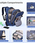 DEVPNR rolling backpack for women, front view, dark blue with wheels, 17-inch laptop compartment and pockets