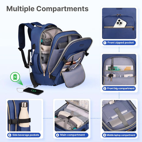 DEVPNR rolling backpack for women, front view, dark blue with wheels, 17-inch laptop compartment and pockets