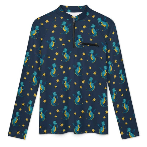 Mens Little Dragon Star Long Sleeve Fishing Shirt With One Quarter Zip Chin Guard Sun Protection Stand Up Collar Mesh Fabric