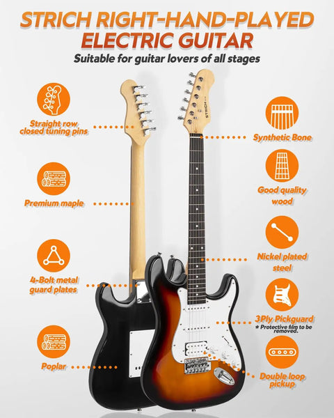 Beginner Electric Guitar Kit 39 Inch Full Size HSS Pickup With 10W Amp Bundle Includes Gig Bag Tuner Capo Strap Extra Strings Cable Picks And More Sunburst; front and rear view of electric guitar showing materials and components.
