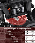 Waterproof 45Kg/cm Coreless HV RC Servo with full metal gear mounted in crawler, showing 180 degree steering capabilities.
