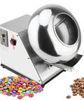 Top Shelf Stainless Steel Sugar Ball Coating Machine With Slick Low Noise Gear Motor For Knockout Candy Polishing with colorful candy and chocolate.