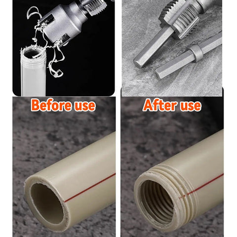 Versatile Pipe Threading Tool For PVC And Plastic Pipes One Half Inch And Three Quarter Inch Rethreader shows before and after threading.