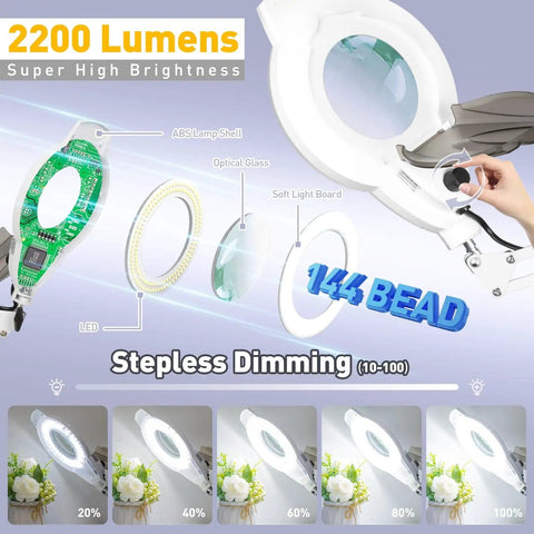 Diagram showing features of 2 In 1 Lighted Magnifier With Stand And 5 Wheel Rolling Base, 2200 Lumens Dimmable Magnifying Floor Lamp.
