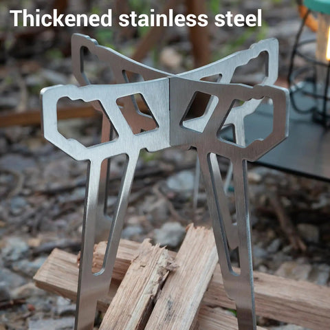 Ultra Lightweight Portable Campfire Tripod For Outdoor Cooking, Detachable stainless steel base close-up view in a camping setting.