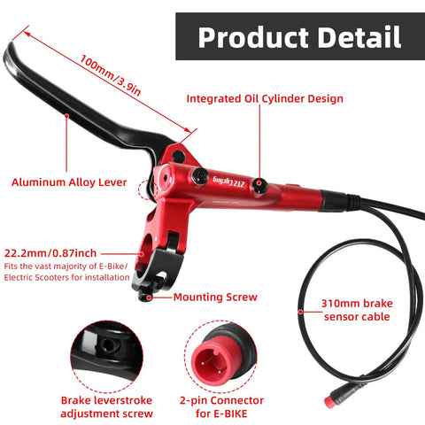 2-Pin 2-Piston Hydraulic Disc Brake Kit For E-Bikes And MTB, aluminum alloy lever, integrated oil cylinder, side view