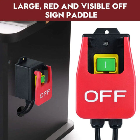 110V Single Phase Kickout Switch With Massive Stop Sign Paddle For Router Tables And Table Saws Quick Emergency Shutoff, red OFF paddle close-up.
