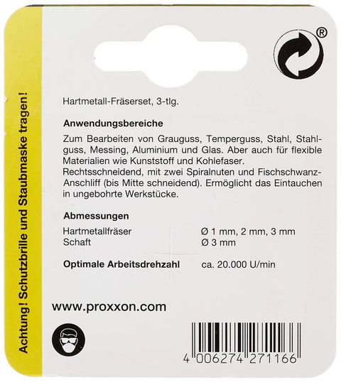 Solid Tungsten Milling Cutters Set With Double Flute Bits packaging, product information, German text, Proxxon branding