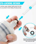 DURATECH 500cc fluid extractor with auto-locking adapter being tightened by hand (close-up view)