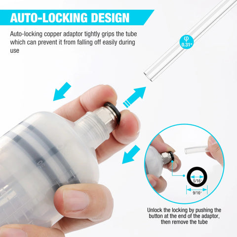 DURATECH 500cc fluid extractor with auto-locking adapter being tightened by hand (close-up view)
