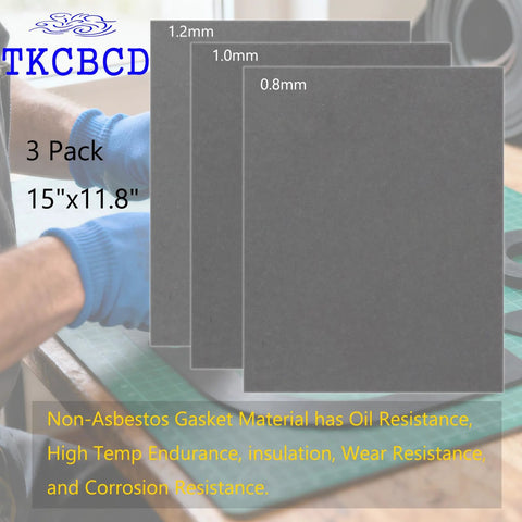 TKCBD 3-pack gasket sheets, front view, gray 15x11.8 in, 0.8–1.2 mm thick, non-asbestos high-temp gasket material