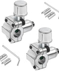 Front view of two silver BPV-31 piercing valve fittings for refrigerator lines with hex keys and adapters