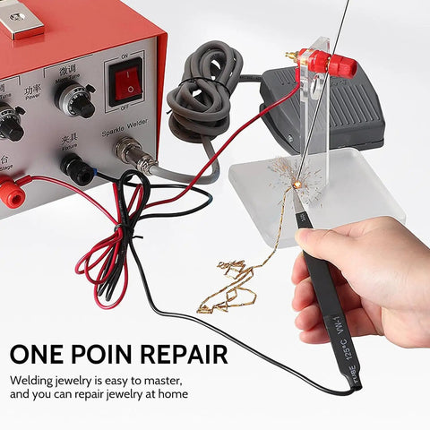 Close-up of 30A Jewelry Spot Welder With Dual Mode Power for gold jewelry welding, showing precise operation and control.