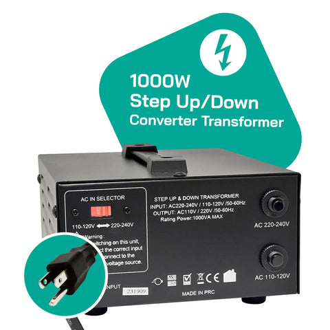 1000 Watt Voltage Converter Transformer Step Up And Down 110V To 220V 220V To 110V Power Converter with cords and outlets