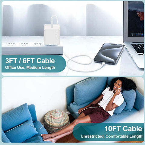 3ft and 6ft USB-C cables for office with laptop; 10ft cable in living room, both part of Must Have 20W Fast Charger Kit For iPhone 17 16 15