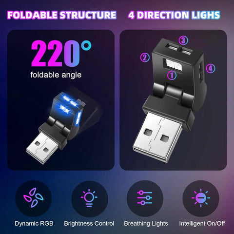 Two Pack Mini USB LED Interior Lights for Cars and Laptops with 220° foldable structure, 5V RGB, adjustable brightness, auto on/off